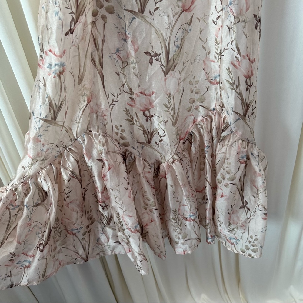 Storia Tulip FishTail Midi Dress Cream Floral Ruffle Holiday Party Festive Sz S - Picture 4 of 7
